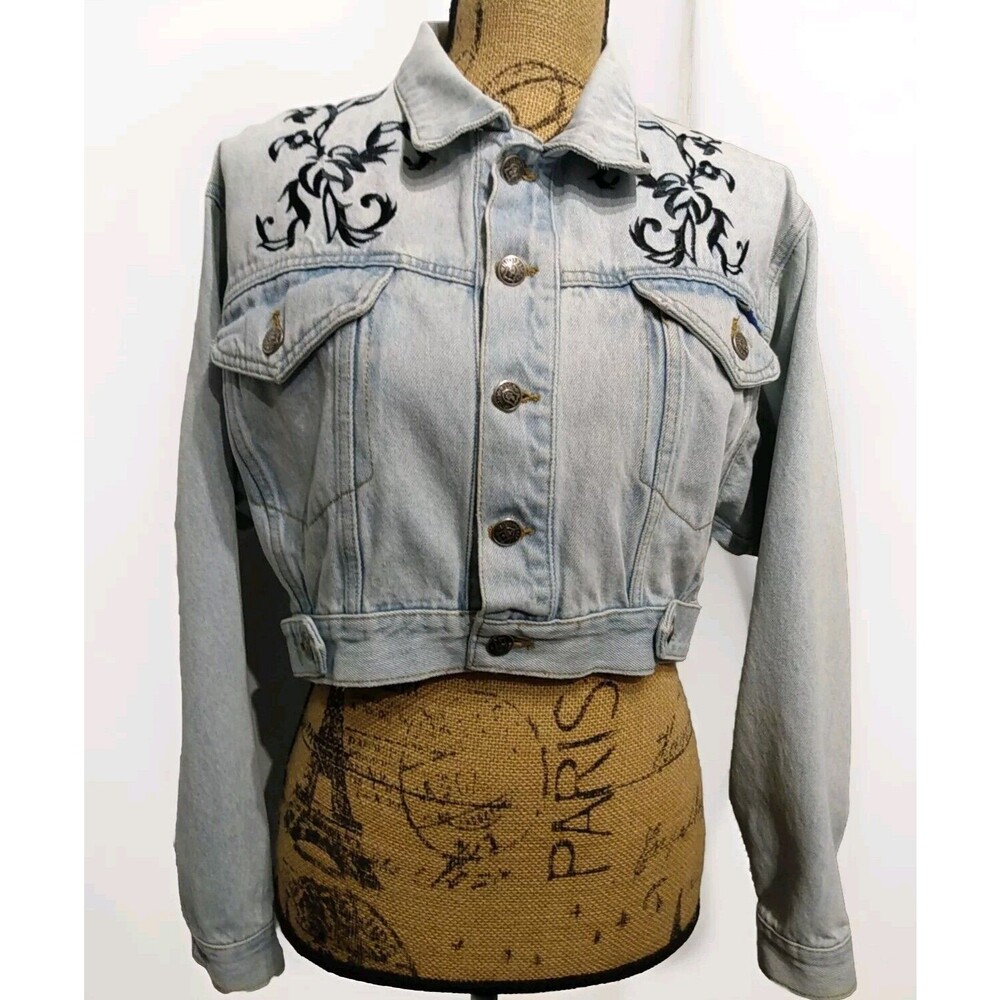 D mode Women Vintage Denim Embroidered Floral Cropped Jacket Size S‎